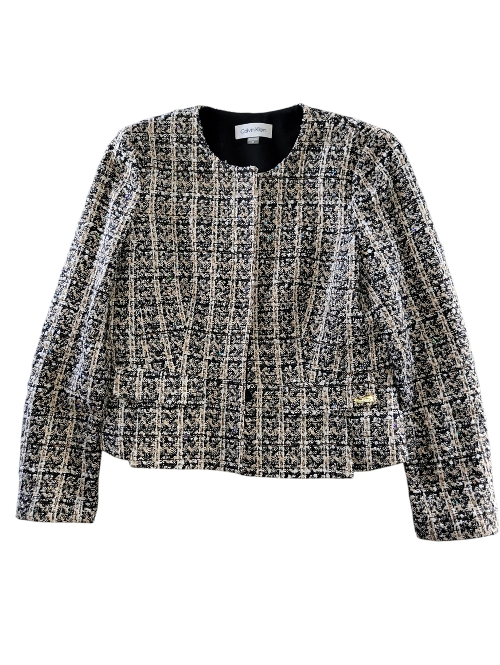 Calvin Klein Size 10 Collarless Tweed Neutral Blazer Jacket
